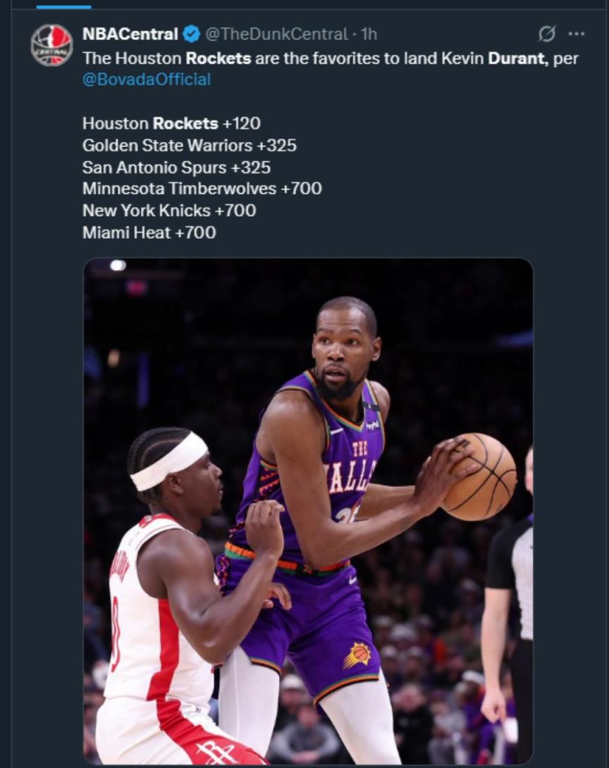 難道說？美媒曬杜蘭特下家賠率，火箭大幅度領(lǐng)跑！